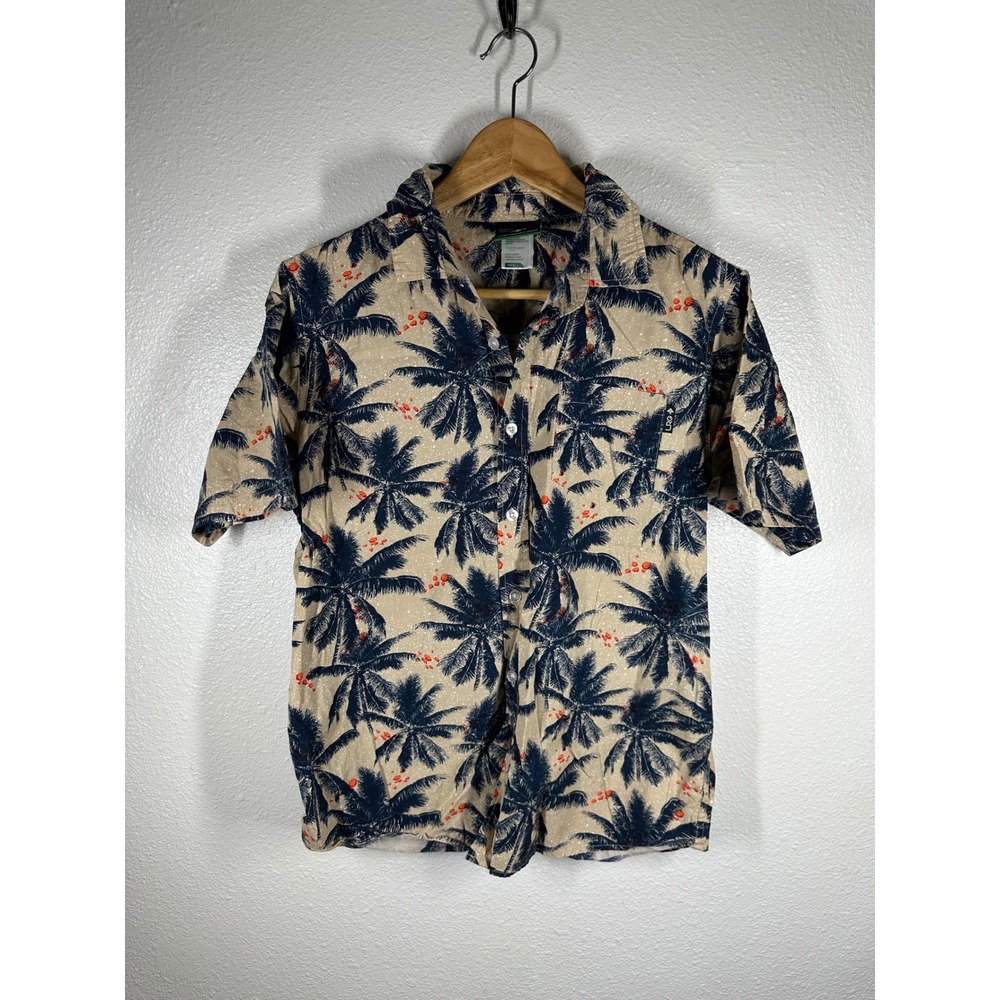LRG Button Up Mens Small Tan Palm Tree Tropical Short Sleeve Shirt 100% Cotton